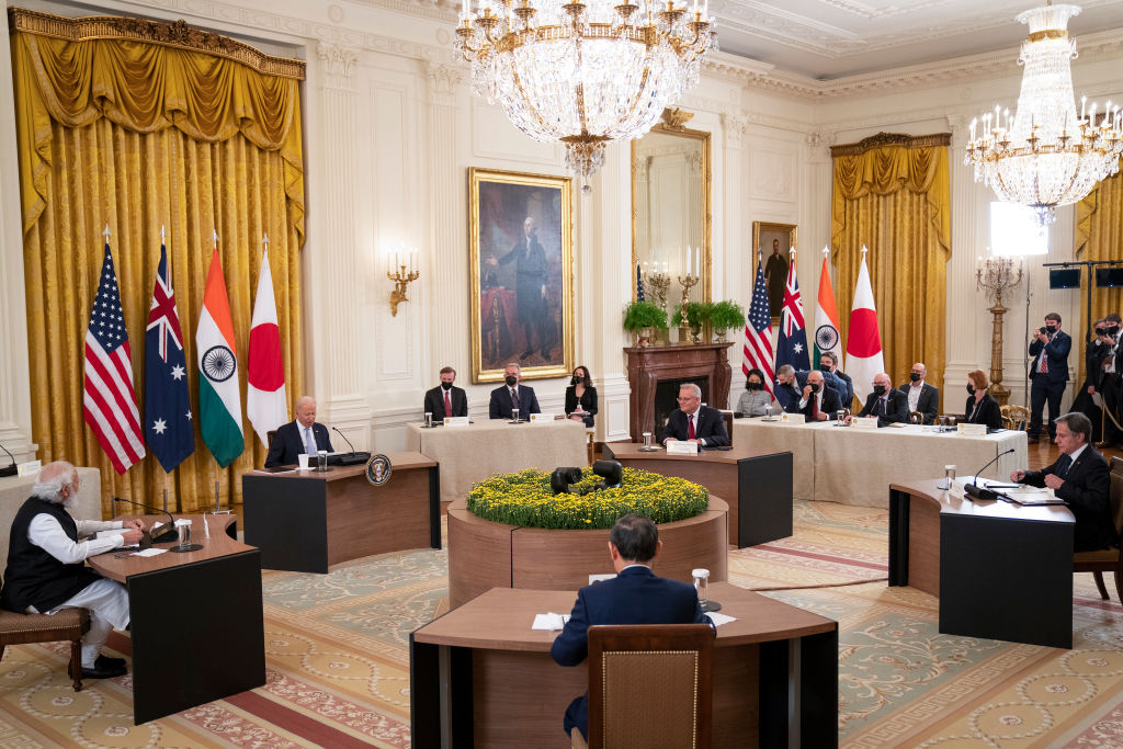 拜登總統2021年9月24日在白宮與日本、澳洲和印度元首舉行Quad峰會。（Pool/Getty Images）