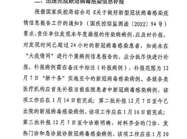 黑龍江衛健委1月13日發布的文件，要求分批「迅速完成新冠病毒感染信息補報」（截圖）