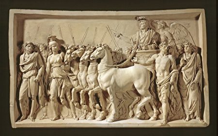 尚-紀堯姆‧莫特（Jean-Guillaume Moitte）從西元一世紀羅馬提圖斯凱旋門上重製的《提圖斯的凱旋》（The Triumph of Titus），約1791年。洛杉磯縣立美術館。（公有領域）