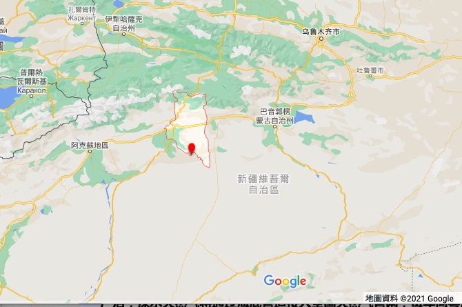 隨著中共百年黨慶七一臨近，大陸多地接連發生地震。圖為2021年6月25日9時42分，新疆阿克蘇地區庫車市（北緯41.12度，東經83.45度）發生4.7級地震。（Google地圖）