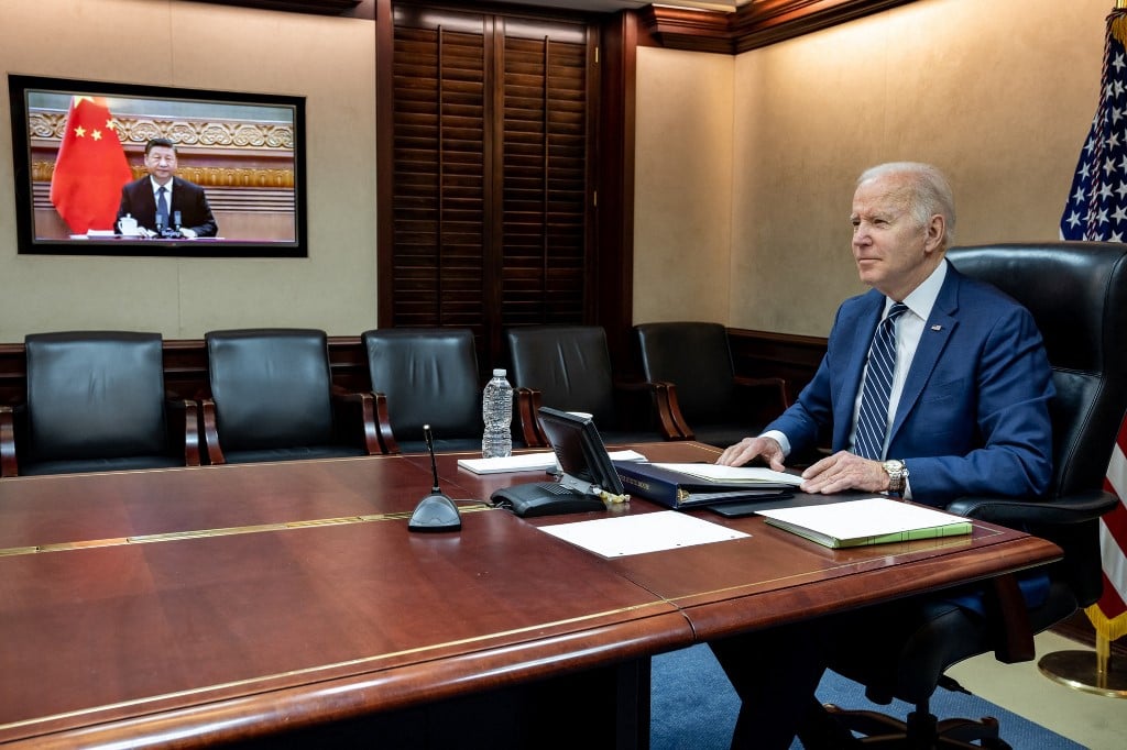 2022年3月18日，美國總統拜登和中國國家主席習近平舉行視像通話。（The White House/AFP）