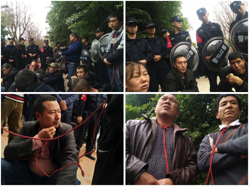 湖南塵肺工友新年在深圳市信訪辦前維權，被警方包圍。（大紀元合成圖）