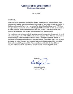 俄亥俄州國會眾議員安東尼·岡薩雷斯（Anthony Gonzalez）寫給法輪功學員的聲援信。（大紀元）