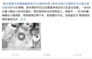 馬匹闖入小區 貴陽女童被韁繩繞頸拖行致死