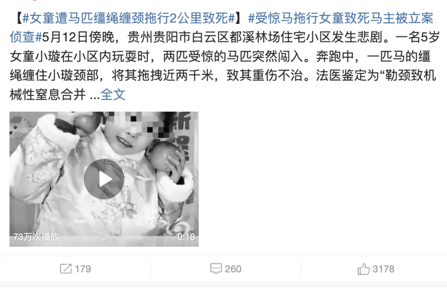 馬匹闖入小區 貴陽女童被韁繩繞頸拖行致死
