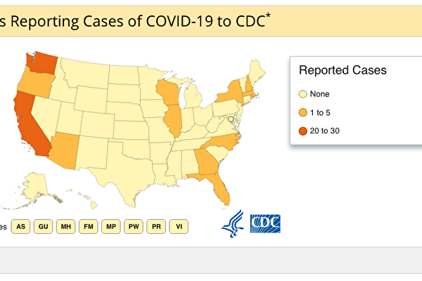 圖為截至2020年3月4日下午4時，美國境內確診的中共病毒患者分布圖。（美國CDC截圖）