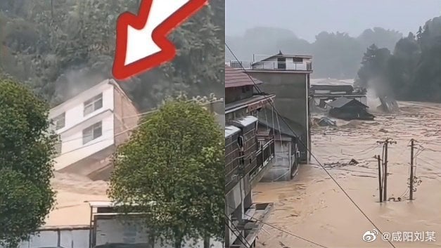 日前，湖南懷化一整棟樓被洪水沖走的驚險畫面在網絡流傳。（網絡圖片）