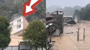 湖南懷化一整棟樓被洪水沖走 驚險畫面曝光（影片）