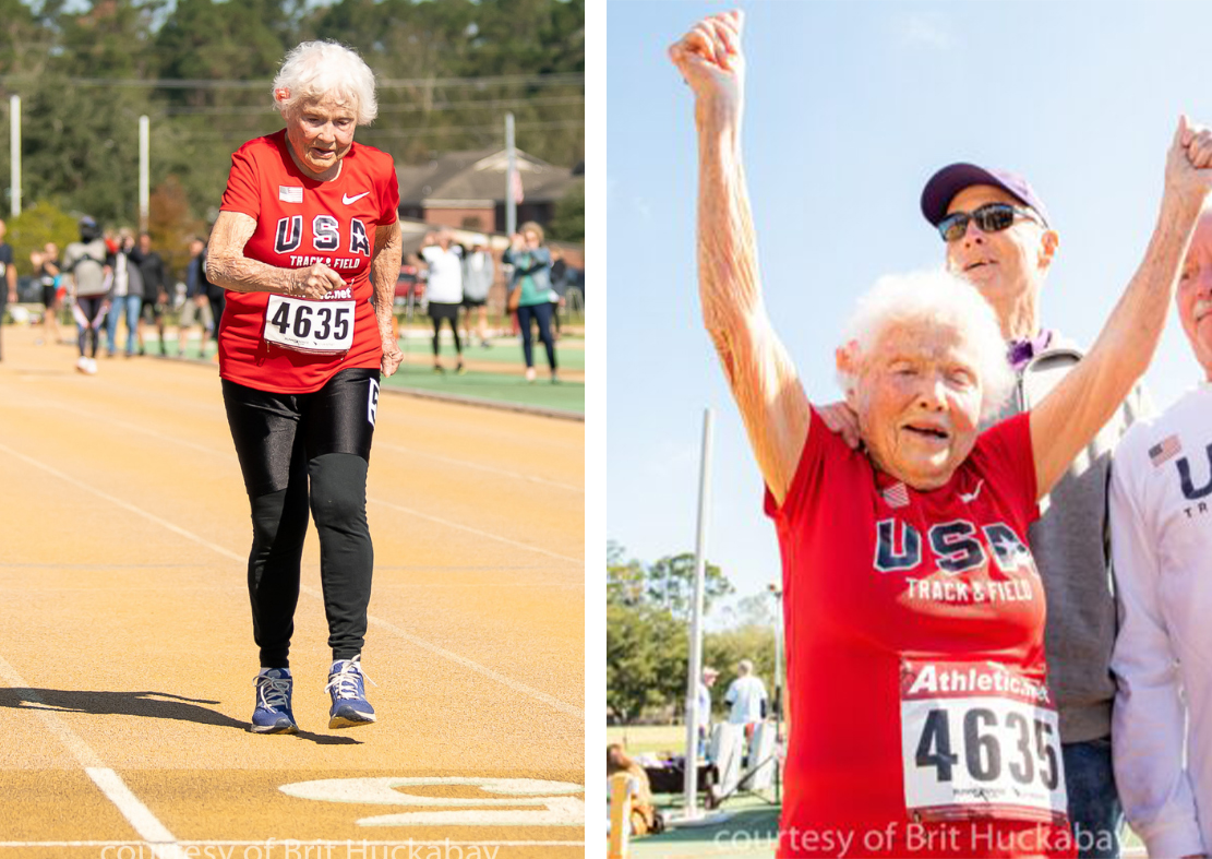 美國105歲的老奶奶霍金斯以1分02秒95的成績完成了百米賽跑。（Brit Huckabay via NSG提供）