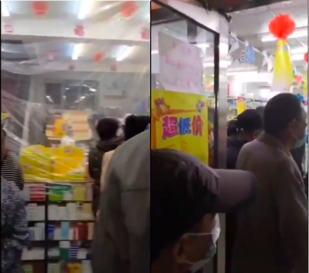 網傳吉林省吉林市的民眾到藥店排隊買感冒發燒藥。（影片截圖合成）