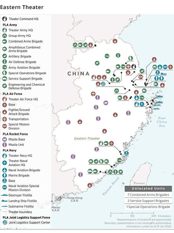 中共東部戰區各軍種基地分布圖，戰略方向包括第一島鏈的台灣、釣魚台、琉球群島和日本等，台灣並非唯一的作戰目標。（美國國防部2020中共軍力報告）