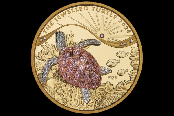 珀斯鑄幣廠(Perth Mint)最新推出了一款限量版的精美「珠寶海龜金幣」(Jewelled Turtle Coin)。(珀斯鑄幣廠提供)