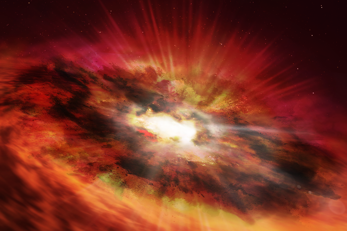 一顆超級巨大的黑洞穿透年輕星系周圍厚重的塵埃，射出萬丈光芒的概念圖。（NASA, ESA, N. Bartmann）