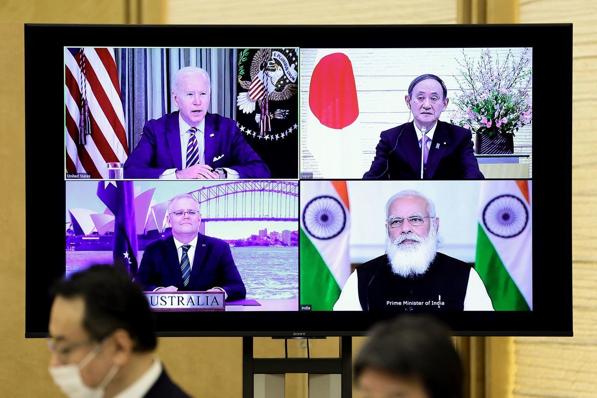 「四方安全對話」（QUAD）9月24日將在白宮召開首次領導人面對面峰會。圖為今年3月12日，四國首腦舉行視像會議。（KIYOSHI OTA/POOL/AFP via Getty Images）