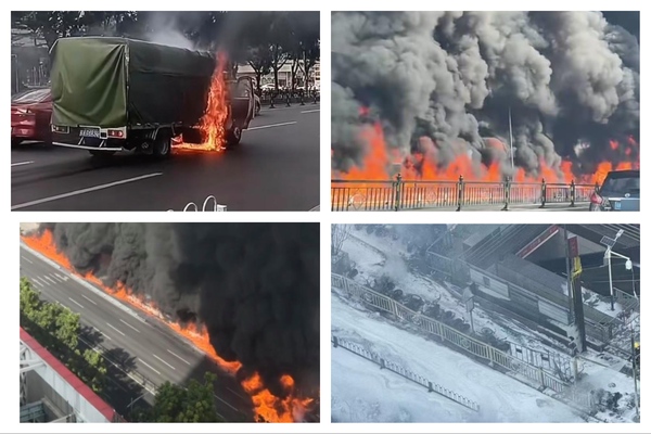 廣州街頭貨車起火 火線燒掉數十輛電動單車