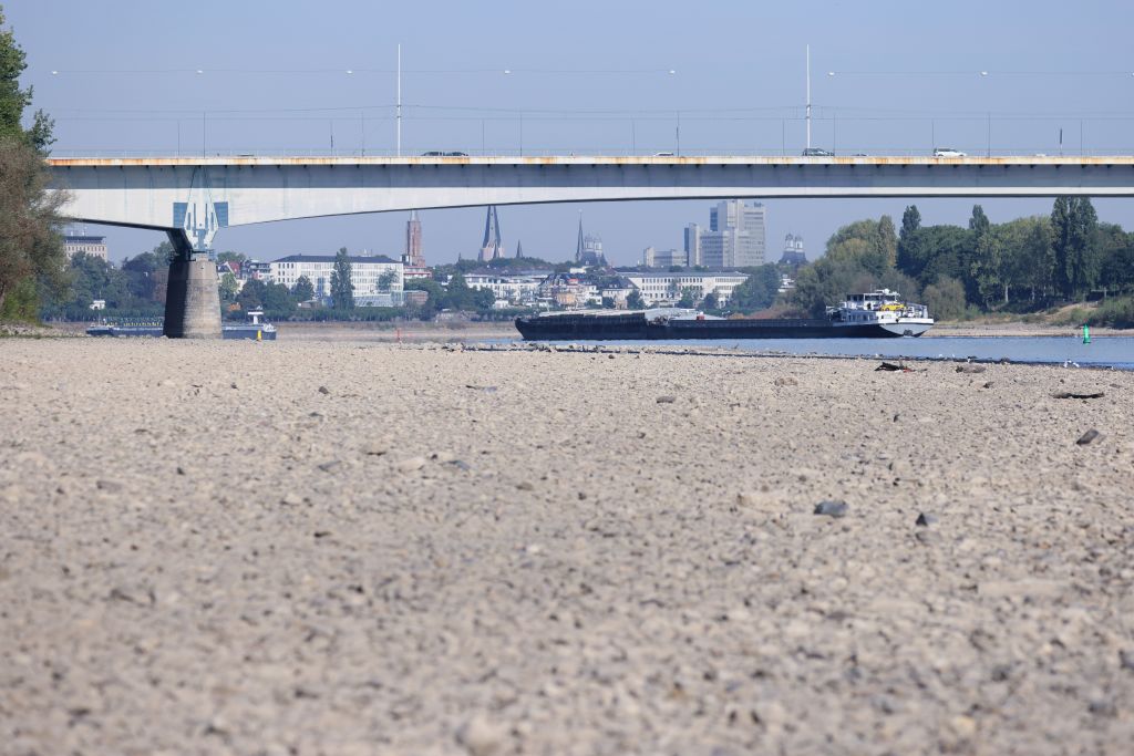 圖為2022年8月10日，一艘貨船在萊茵河航行，乾旱導致水位下降，貨船無法滿載航行，運費上漲數倍。（Andreas Rentz/Getty Images）