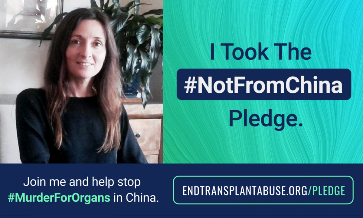 「終止中國濫用器官移植國際聯盟」（ETAC）執行總裁休斯（Susie Hughes）發起一項「不是來自中國的承諾」活動。（Courtesy of ETAC）