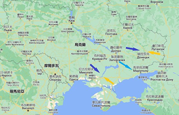 俄軍撤離南部的赫爾松後，俄烏軍隊在東部、南部處於對峙狀態。烏克蘭軍隊若能從中部突進（淺藍色），分割俄軍東部和南部的聯繫，直取馬里烏波爾，可能會成為新的奇兵。（Google地圖，大紀元製圖）