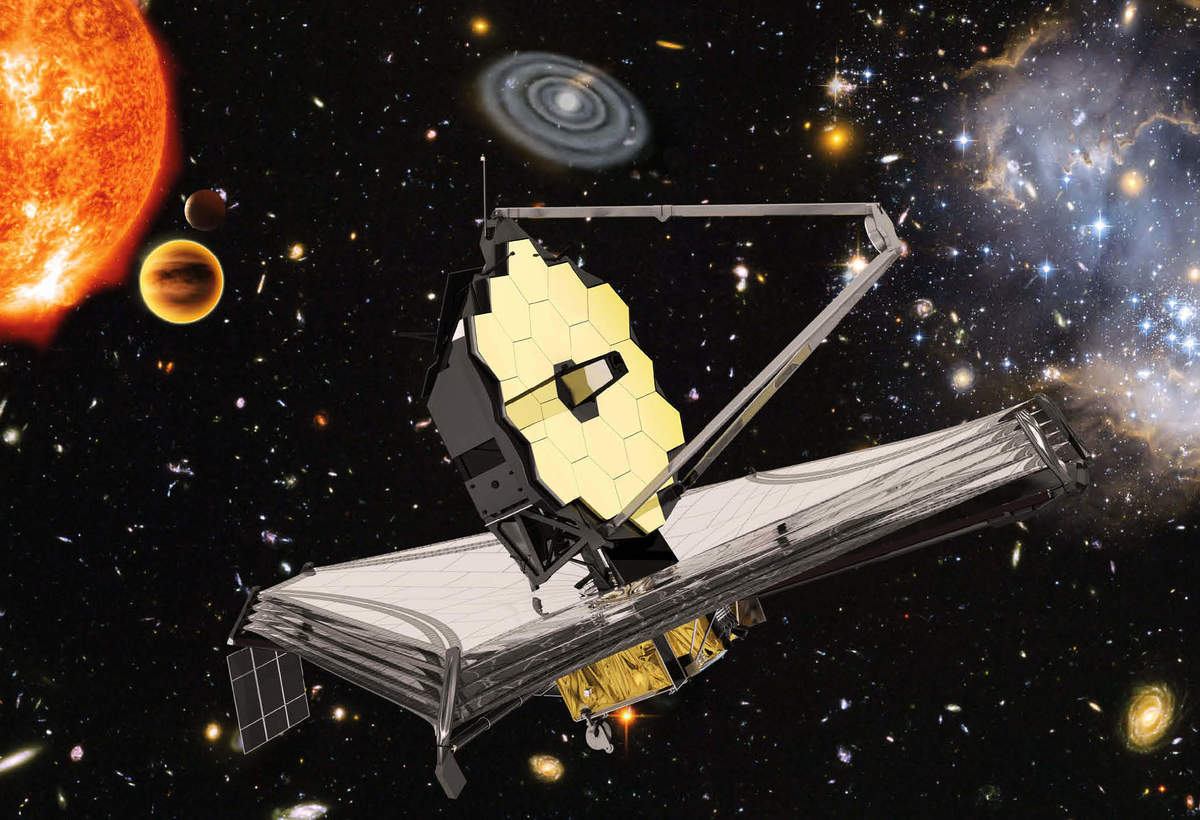 韋伯太空望遠鏡的藝術假想圖。其鏡面有黃金鍍層，因此得名「黃金之眼」。（ESA/NASA）