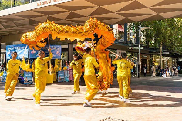 2022年5月7日，澳洲西澳州部份法輪功學員在首府珀斯市歡慶「世界法輪大法日」。圖為舞龍表演。（周鑫/大紀元）