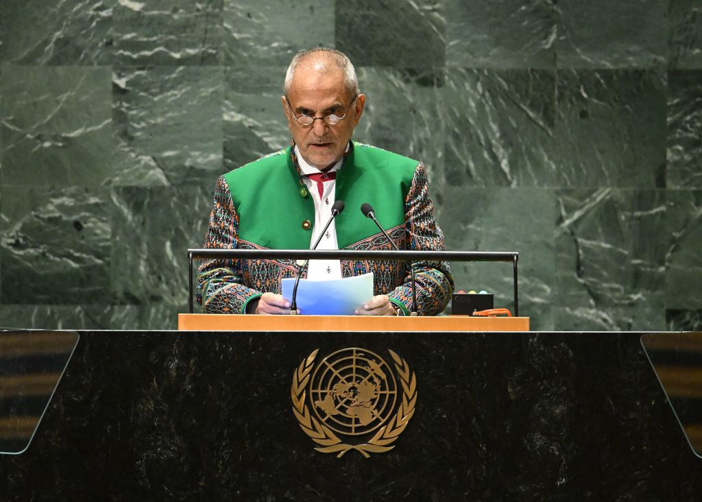 東帝汶總統拉莫斯-奧爾塔於2023年9月21日在紐約聯合國總部舉行的第78屆聯合國大會上發表演說。（TIMOTHY A. CLARY / AFP）