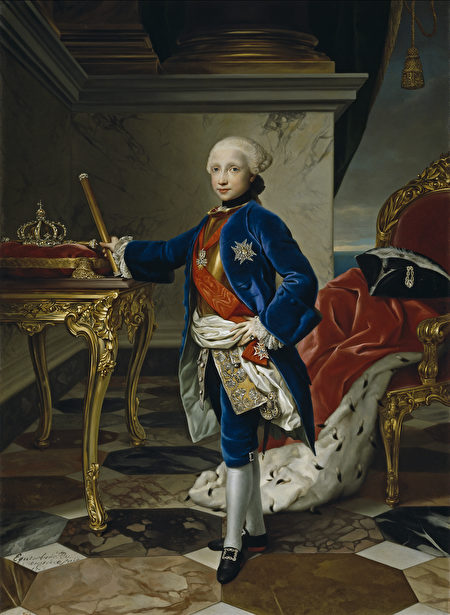 《那不勒斯的國王斐迪南四世》（Ferdinand IV，King of Naples），1760年，蒙斯，油彩、畫布，179 x 130厘米，普拉多博物館（Museo del Prado），馬德里（Madrid），西班牙。（公有領域）