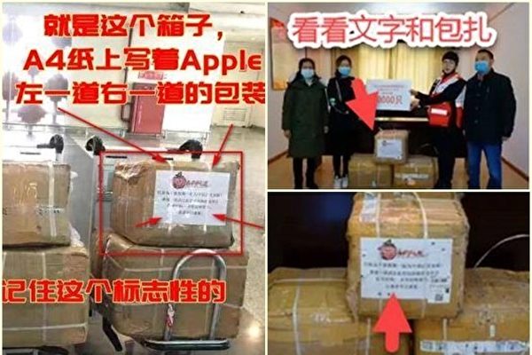 印尼華僑捐贈的蘋果（左圖）被指與麗江學生捐贈的蘋果（右圖）包裝一樣。（網絡圖片）