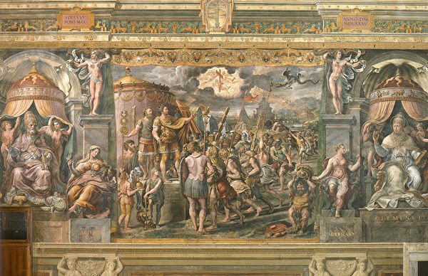 拉斐爾工作室，《十字架顯聖》（Vision of the Cross），濕壁畫，梵蒂岡使徒宮之「君士坦丁廳」。（公有領域）