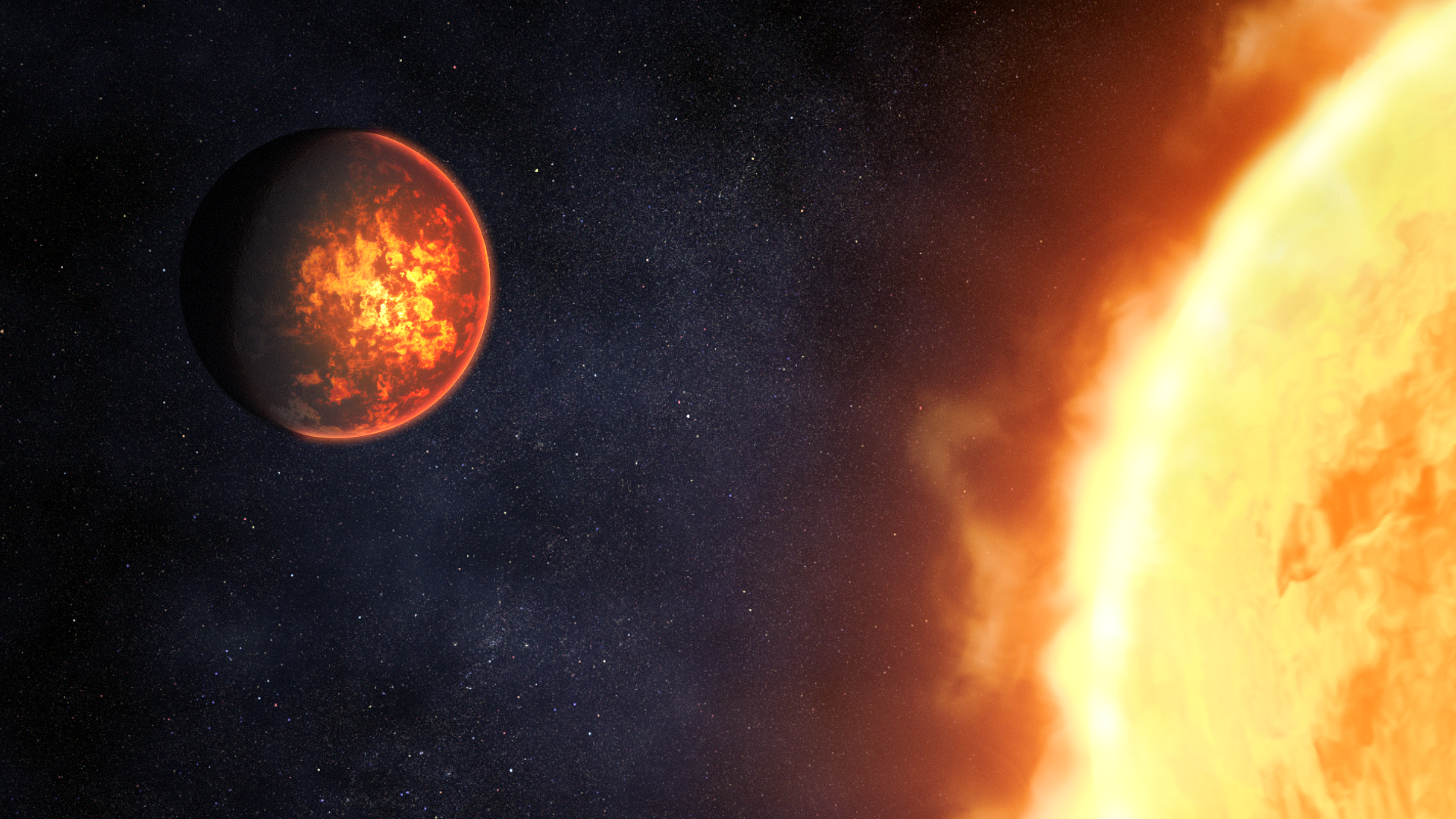 表面被岩漿覆蓋的系外行星55 Cancri e概念圖。（NASA, ESA, CSA, Dani Player （STScI））