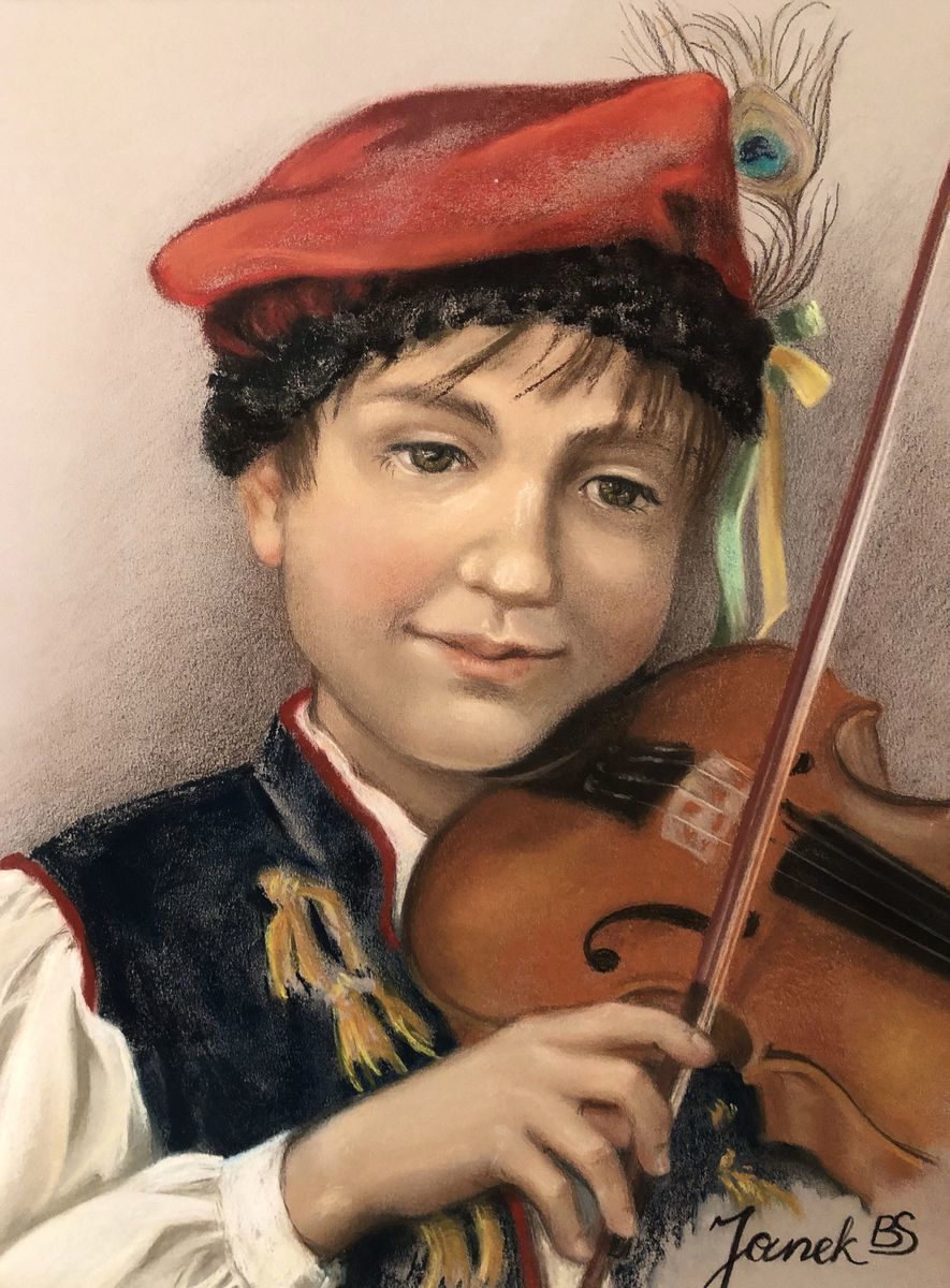 身著傳統服裝的波蘭男孩，芭芭拉‧謝弗的粉彩畫作。（由芭芭拉‧謝弗提供）
