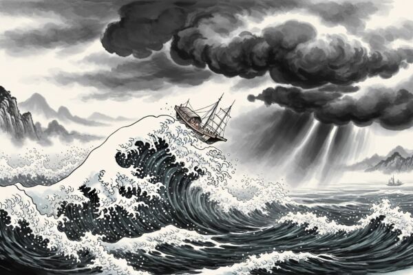 天空突然烏雲密布,海面颳起狂風,濤天巨浪滾滾而來,王榭急喊:「大家小心啊!」瞬間,船隻被衝到了九天之上。(AI Gemini製圖)