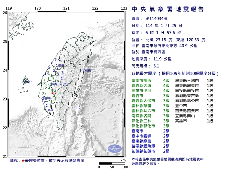 台灣上午6時1分台南發生規模5.1地震