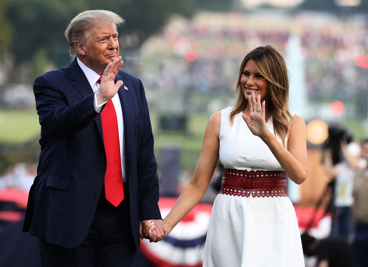為特朗普總統和第一夫人梅拉尼婭於2020年7月4日在白宮參加美國國慶日「獨立日」的活動。（Photo by Tasos Katopodis/Getty Images）