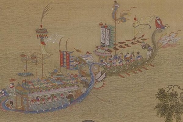 清 郎世寧《雍正十二月行樂圖》之《五月競舟》局部。(公有領域)