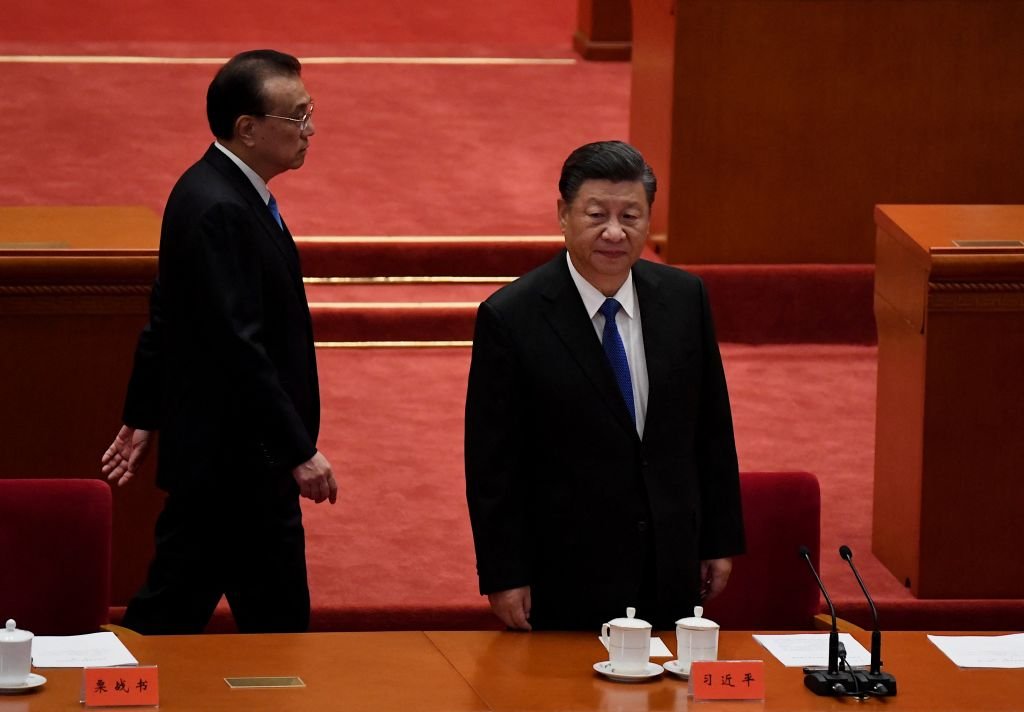 2021年10月9日，習近平和李克強出席在北京人民大會堂舉行的紀念辛亥革命110周年大會。（NOEL CELIS/AFP via Getty Images）