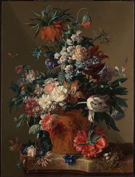 揚‧范‧海瑟姆的作品《花瓶》(Vase of Flowers),1722年創作。油彩、畫板;80.3 x 61厘米。洛杉磯蓋蒂中心美術館。(公有領域)