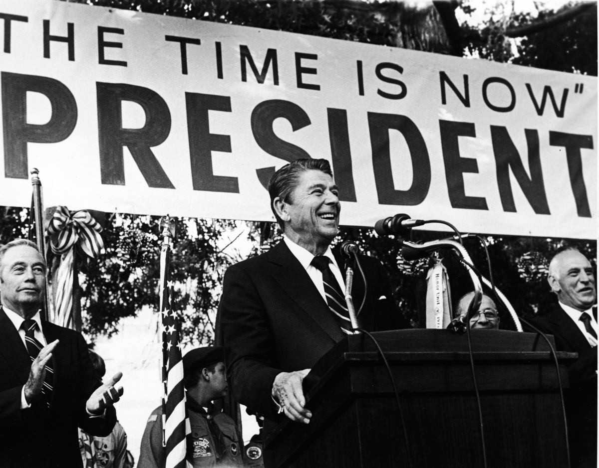 1979年列根在總統競選集會上發表演說。（Hulton Archive/Getty Images）