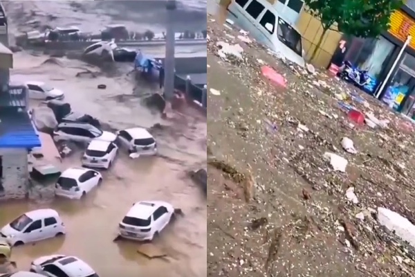 2022年8月10日晚至11日上午，山西省呂梁市中陽縣遭遇洪災。（影片截圖／大紀元合成）