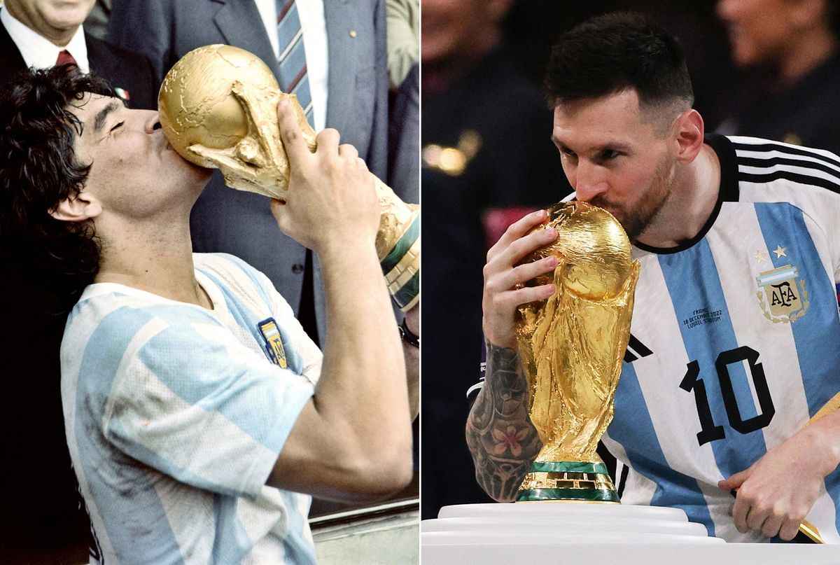 2022年12月18日，美斯為阿根廷人帶回了闊別36年的大力神盃，關於美斯和馬勒當拿的比較也再次成為足球界的熱門話題。圖為馬勒當拿（左）和美斯（右）親吻大力神盃。（Dominique Faget, Adrian Dennis/AFP via Getty Images）