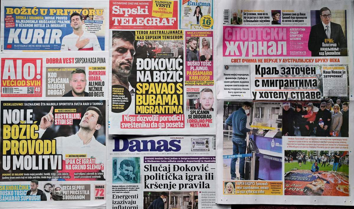  塞爾維亞的首都貝爾格萊德1月8日當地報紙的頭條。（Andrej Isakovic/AFP via Getty Images）
