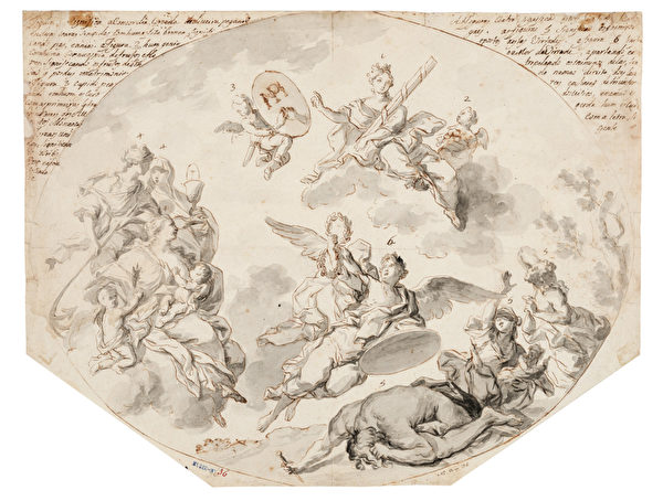 卡瓦略作品《皇家婚禮寓言》。在折紙上用深褐色墨水勾勒出水墨畫風格。葡萄牙里斯本國家古代藝術博物館提供。（公有領域）