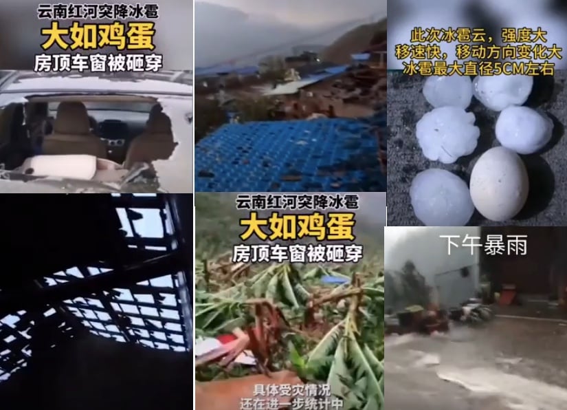 4月22日，雲南紅河州遭大冰雹襲擊，有的冰雹有雞蛋大小。（影片截圖合成）