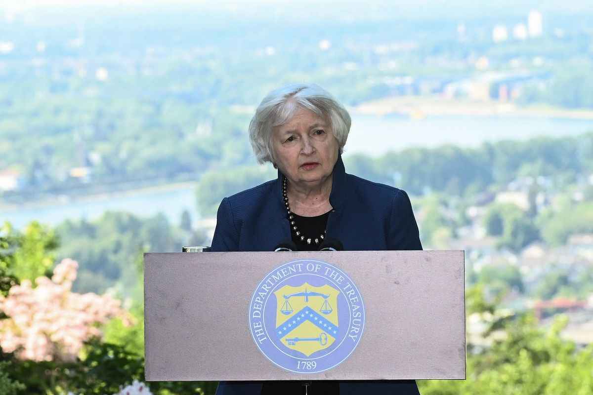 2022年5月18日，美國財政部長珍妮特‧耶倫在德國西部波恩參加G7財長和央行行長會議期間發表演講。（Ina Fassbender/AFP）