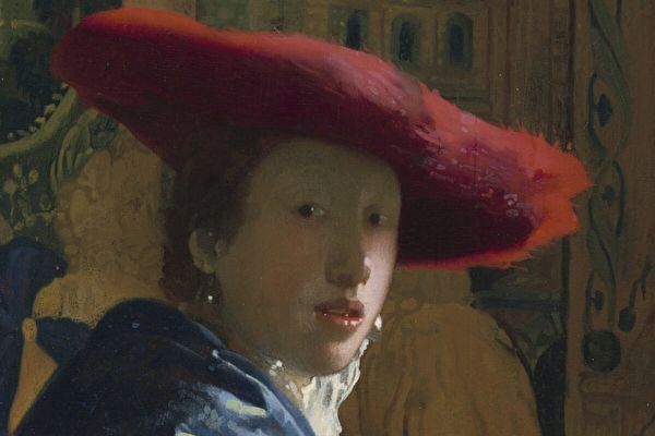 維米爾(Johannes Vermeer)約1669年繪製的《戴紅帽的女孩》(Girl with the Red Hat)局部,面板油畫,23.2 x 18.1 cm,華盛頓國家美術館藏,Andrew W. Mellon捐贈。(華盛頓國家美術館提供)