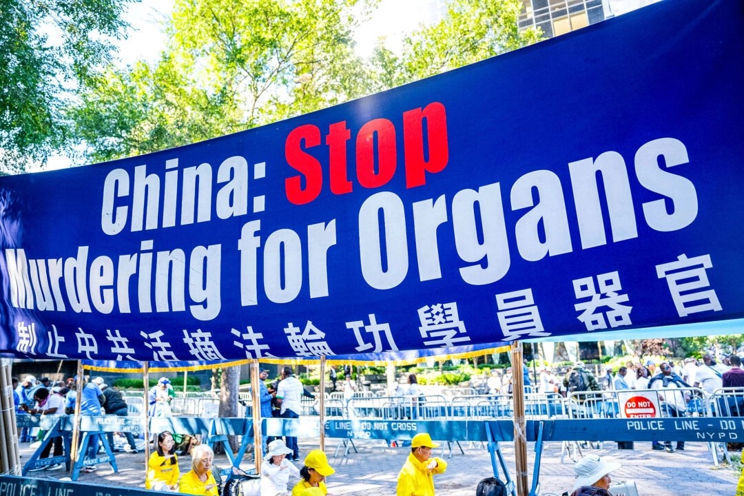 2023年9月20日,紐約市的聯合國總部大樓旁邊,法輪功學員正在靜坐抗議,橫幅上寫著制止中共活摘法輪功學員器官行為。(Chung I Ho/The Epoch Times)