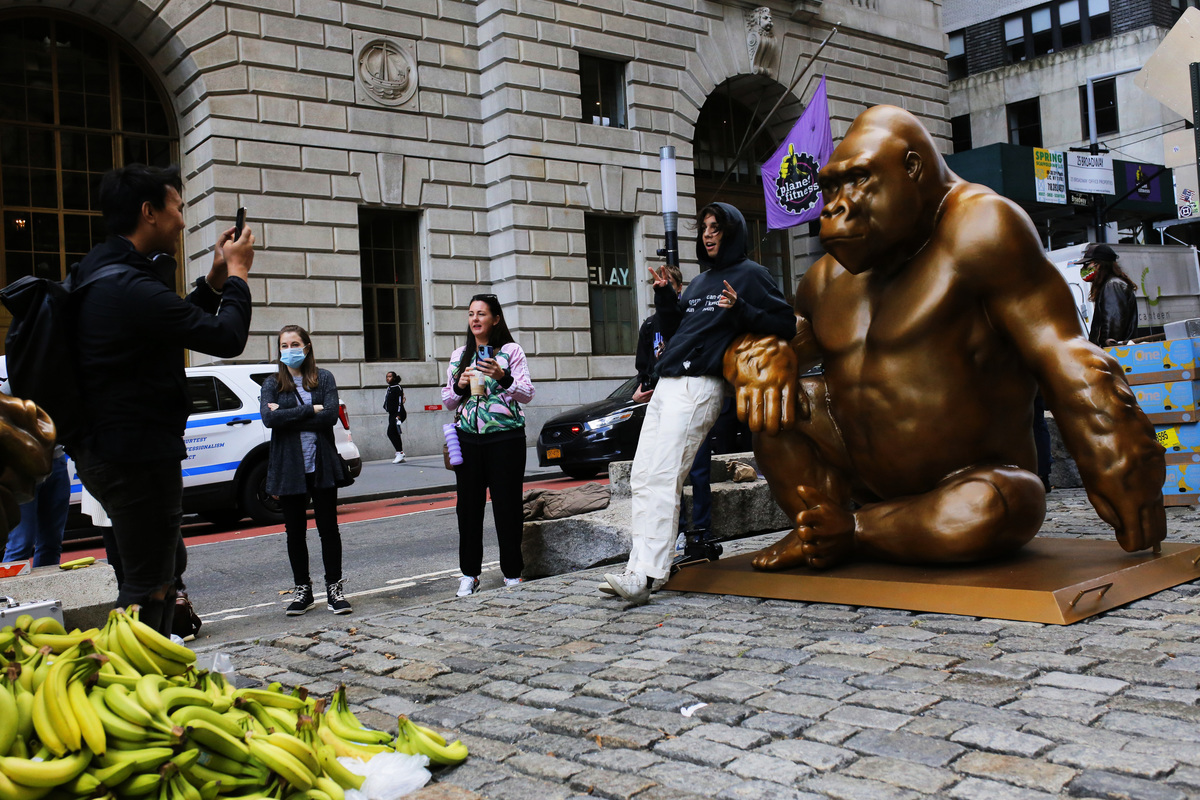 2021年10月18日，美國紐約華爾街銅牛前方豎起大猩猩哈蘭比（Harambe）的銅像，有遊客在現場拍照。（Michael M. Santiago/Getty Images）