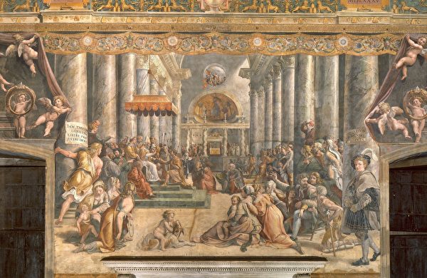 拉斐爾工作室，《君士坦丁獻土》（Donation of Constantine），濕壁畫，梵蒂岡使徒宮之「君士坦丁廳」。（公有領域）