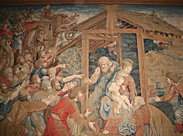 拉斐爾設計、表現耶穌生平的系列織錦掛毯之一《東方三博士來拜》（Adoration of the Magi），梵蒂岡博物館藏。（Jean-Pol GRANDMONT/Wikimedia Commons）