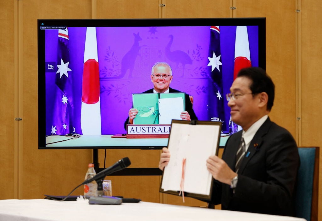 周四（1月7日），日本和澳洲簽署了進行密切防務合作的《互惠准入協議》（RAA）。 （ISSEI KATO/POOL/AFP via Getty Images）