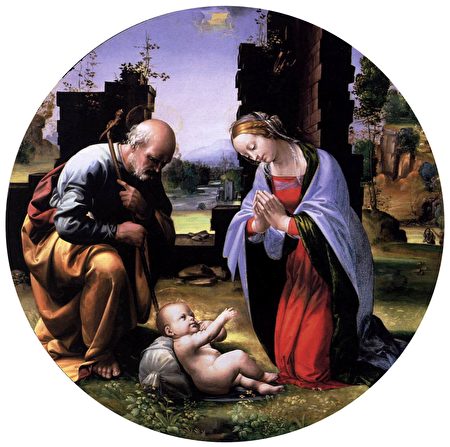 巴爾托洛梅奧修士（Fra Bartolomeo），《敬拜聖子》（The Adoration of the Christ Child），面板蛋彩畫，約1499年作，羅馬博爾蓋塞美術館藏。（公有領域）